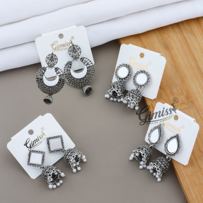 Gimiss Oxidized Silver Mirror Jhumka & Chandbali Earrings Combo –Traditional pair 4 Alloy Earring Set