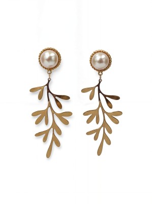 VATIYAANA Gold Plated Leaf Danglers with Pearl for Women & Girl Birthday, Anniversary Gift Alloy Drops & Danglers