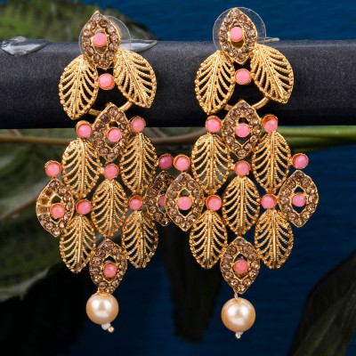Shostopper by Sukkhi Fashionable Gold Plated Leafy Drop Earring For Women Pearl Alloy Drops & Danglers