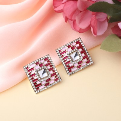 mahi Maroon Pink Meenakari Enamel Squarish Dangler Earrings with Crystals Crystal Alloy Stud Earring