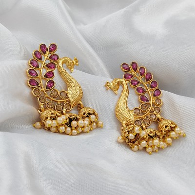 SAIIZEN Traditional Gold Pearl Peacock Kundan Jhumkas Diamond, Pearl Alloy Jhumki Earring