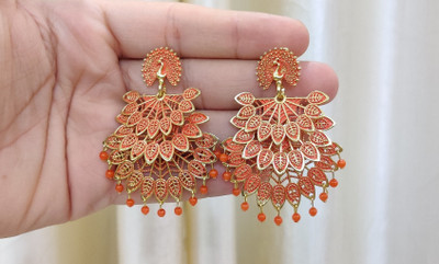 TANLOOMS 3 Layer Morr-Orange, Stylish Peacock Design Earring For Girls & Women Alloy Drops & Danglers