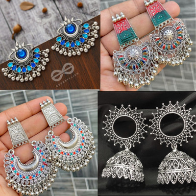 sarthak royal Combo of 4 Pair Oxidised Silver Meenakari Pearl Chandbali Hoop Jhumki Earrings Beads Alloy Chandbali Earring, Earring Set, Jhumki Earring