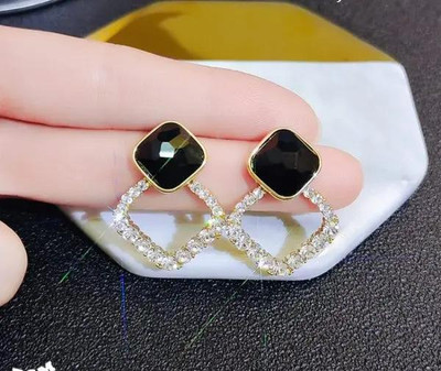 Sangam Divine Trendy Black Diamomd Stud Earrings- Bud Drop Half Hoop Stud Earrings for Girls Alloy Jhumki Earring, Hoop Earring, Stud Earring, Hoop Earring, Cuff Earring, Drops & Danglers