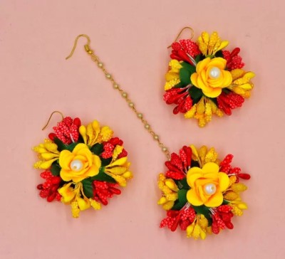 CouplezGift Elegant Flower Jewellery | Fashionable Mangtika with earrings Fabric Earring Set