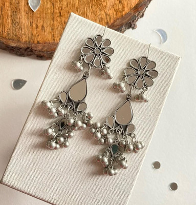 OXICRAFT Oxidised Silver Mirror Work Earrings with Floral Design and Ghungroo Beads Alloy Earring Set