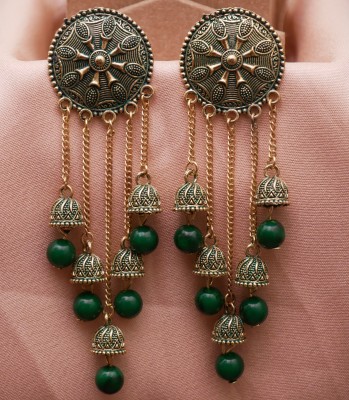 Kwickk Bridal Traditional Ethnic Fancy Green Color Oxidized Chain Jhumka Jhumki Alloy Jhumki Earring