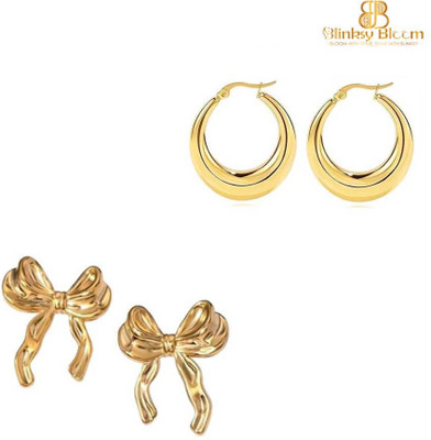 Blinksy Bloom Anti-Tarnish Elegant Round & Bow Shape Gold-Plated Lightweight Combo Earrings Stainless Steel Hoop Earring, Stud Earring