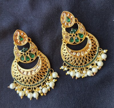 Mona Décor Designer Party Wear Golden Chandbali Earring Beads Alloy Chandbali Earring