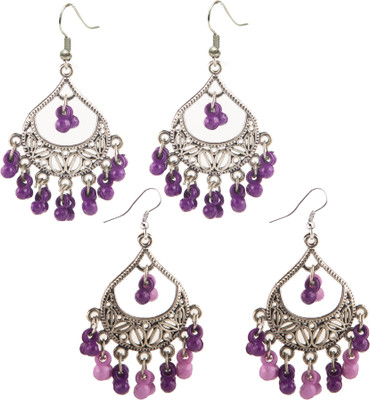 Jamleen Gallery Combo Oxidized Silver-Toned Drop Earrings with Purple Beads for Women & Girls Alloy Drops & Danglers