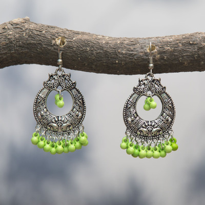 Jamleen Gallery Light Green Beads Jhumki Earrings Oxidized for Women and Girls Alloy Drops & Danglers