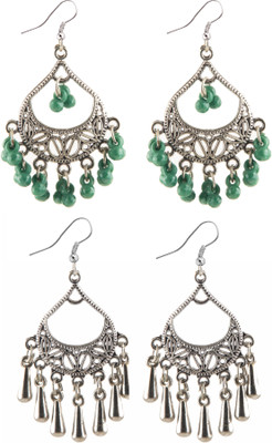 Jamleen Gallery Combo Antique SilverTeardrop Jhumka Earrings Green & Silver Strings Alloy Drops & Danglers
