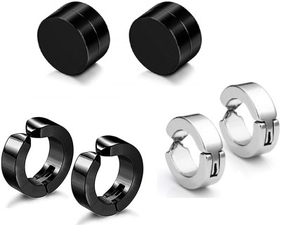 Stylewell 3 Pair CMB7347 Trendy Black Non-Piercing Magnetic Clip On Earring For Men Women Stainless Steel Stud Earring, Hoop Earring, Clip-on Earring, Magnetic Earring