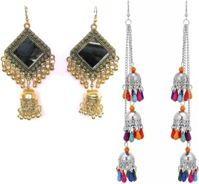 AVR JEWELS Pack of 2 Silver Three Layere and Golden Square Mirror Beads Jhumki Alloy Jhumki Earring
