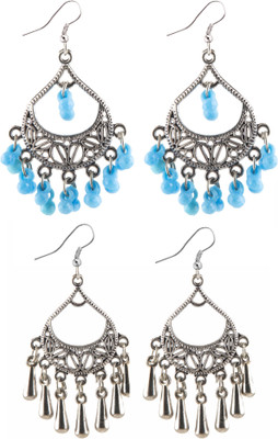 Jamleen Gallery Combo Antique SilverTeardrop Jhumka Earrings Sky Blue & Silver Strings Earrings Alloy Drops & Danglers