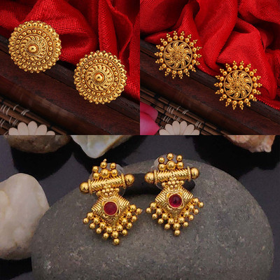 TAJONI 1 Gram Gold Plated Premium Oversize Studs Earrings tops 3 pcs combo For Women Alloy Stud Earring