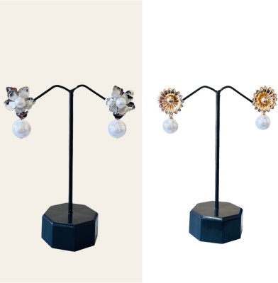 JGS LUXO DESIGN Combo Flower Pearl Drop Earring Gold and Silver Brass Drops & Danglers