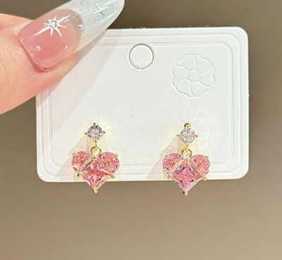 AKISON JEWELS Pink Heart Earrings Ad Stone Korean Earrings For Women Girls Trendy Western Crystal, Diamond, Cubic Zirconia Alloy Earring Set, Drops & Danglers