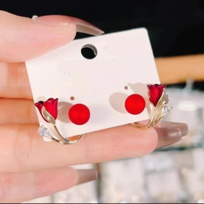 Harsu Collection Red flower stud earrings for women Cubic Zirconia Alloy Stud Earring