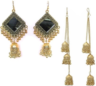 AVR JEWELS Pack of 2 Golden Three Layere and Square Mirror Beads Jhumki Alloy Jhumki Earring