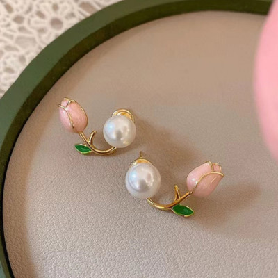 Kalka Fashion Korean Western Studd Earrings Pink Flower Earrings for Women and girls Pearl, Crystal, Cubic Zirconia, Diamond Alloy Drops & Danglers