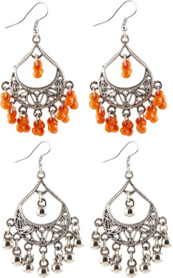 Jamleen Gallery Combo Antique SilverTeardrop Jhumka Earrings Silver & Orange Beads Earrings Alloy Drops & Danglers