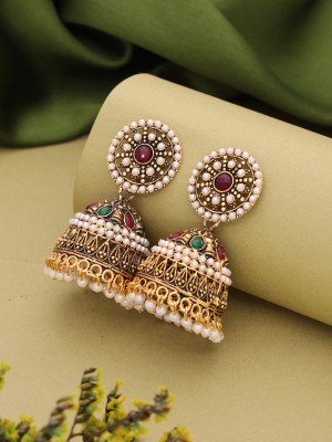 Alasca Golden Jhumka Embraced by Moti and Kundan in Rich Green and Majestic Maroon Diamond, Pearl Brass Jhumki Earring