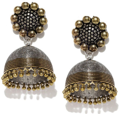 fabula German Oxidised Silver & Gold Dual Tone Ethnic Large Beads, Crystal Brass, Metal Jhumki Earring
