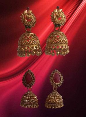 DRP Traditional Gold Plated Jhumka Earrings Combo Peacock & Ruby Stone Temple Ruby Alloy Jhumki Earring