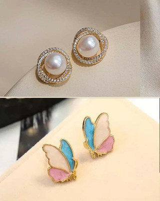 LBTK light weight peal zircon and butterfly stud for women and girls Cubic Zirconia, Pearl, Zircon, White Zircon Alloy Stud Earring