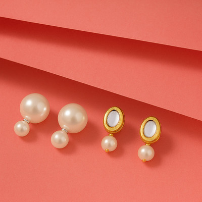 MANSIYAORANGE Combo Of Double Sided Pearl Stud & AAA White KundanStud Earrings Pearl Brass Stud Earring