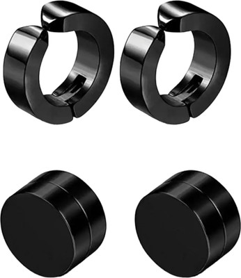 Shree Ju Trendy Black Non Piercing Dumbbell & Clip on Bali Combo For Men Women (2 Sets) Stainless Steel Clip-on Earring, Huggie Earring, Magnetic Earring, Stud Earring, Earring Set
