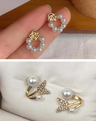 LBTK Combo Of 2 Korean And Western zirrcon Stud Earring Cubic Zirconia, Pearl, Zircon, White Zircon Alloy Stud Earring