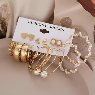 Karishma Kreations Combo Of 9 Lavish Gold Plated Pearl Hoop and Butterfly Heart Stud Earrings-213 Cubic Zirconia, Crystal, Pearl Brass, Crystal, Copper, Alloy Hoop Earring, Clip-on Earring, Drops & Danglers, Huggie Earring, Earring Set