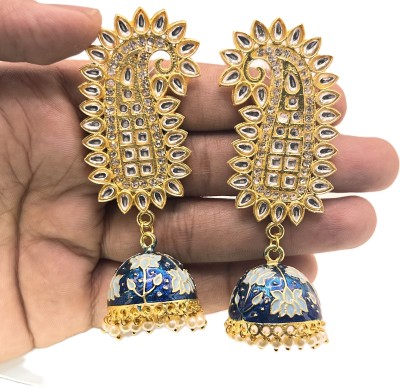 Mavliyan Exports Sky Blue Louts Blue Colour Jhumkas Kundan Gold Plated Jhumka Earrings Pearl Alloy Jhumki Earring