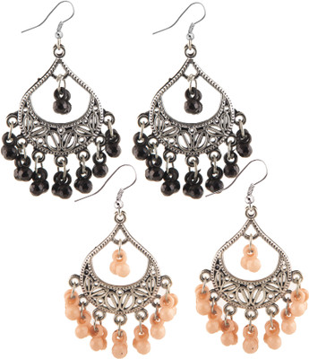 Jamleen Gallery Set of 2 Oxidized ,Chandbali Earrings with Black & Peach Bead Alloy Drops & Danglers