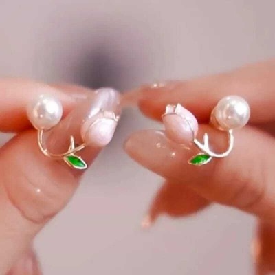 house of common French Simple Tulip Pearl Stud Earrings For Women Fashion Elegant Flower Earring Stainless Steel Stud Earring