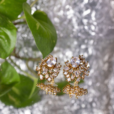 ZEELLO Elegant Gold Plated White CZ Stone Stud Earrings for Women & Girls Cubic Zirconia Brass, Copper Earring Set