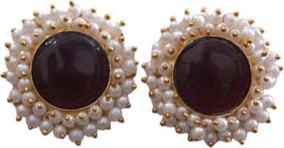 JHUMKARANI 18k Gold Plated Round Pearl Studs With Monalisa Stone Brass Stud Earring