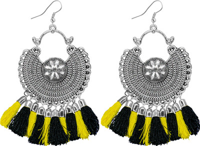 Jamleen Gallery Handcrafted Silver Oxidised Yellow & Black Tassels Earrings For Women And Girls Alloy Drops & Danglers