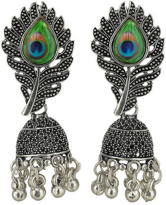 Sangam Divine Oxidized Silver Peacock Feather Jhumka Earrings with Ghungroo Steel Jhumki Earring