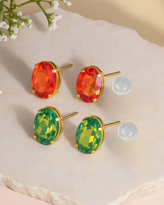 Orangenysha Combo Of One Red & One Dark Pink Fine AAA Korean Glass Crystal Stud Earrings Crystal Brass Stud Earring