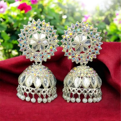 Vigilantee Jewels Traditional Wedding Pearl Silver Plated White Big Oxidize Jhumka Jhumki Alloy Earring Set