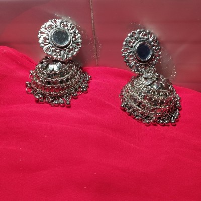 HELLAFASHION Designer Light Weight Flower Mirror Stud with Designer Jhumka Partywear Earring Beads German Silver Jhumki Earring