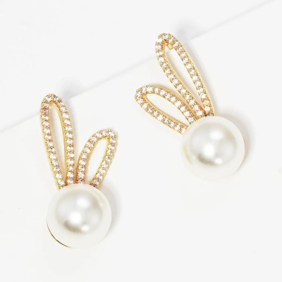 neze NZ 40 Gold Freshwater Pearl Bunny Ear Post Earrings Alloy Clip-on Earring