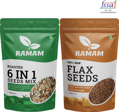 Ramam Roasted 6 in 1 Mix Seeds 250g and Raw Flax Seeds Combo 400g Mixed Seeds, Brown Flax Seeds(650 g, Pack of 2)