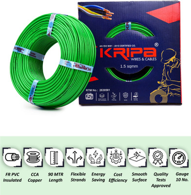kripa 1.5 sqmm|FR PVC|Copper insulated |Lite Single Core| House Ftting Wire Gauge 10| 1.5 sq/mm Green 91 m Wire(Green)