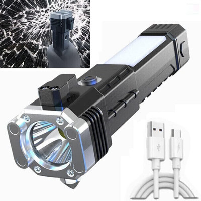 MICROBOTS Premium Emergencies Safety Hammer with Sidelight 4 Light Modes Torch(Black, 15 cm, Rechargeable)