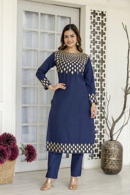UWAIM Women Embroidered Straight Kurta(Dark Blue)