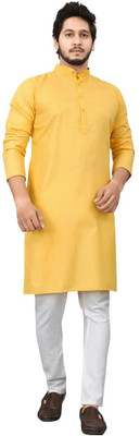 Madhav Mishri Men Solid Straight Kurta(Yellow)